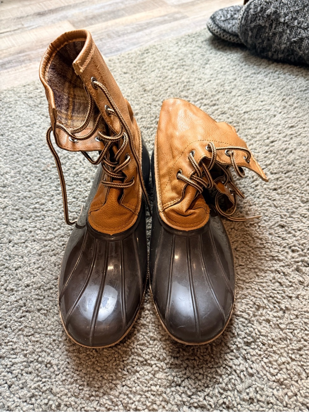 Women's Two-Tone Brown Waterproof Winter Duck Boots - Lace-Up Rain Shoes